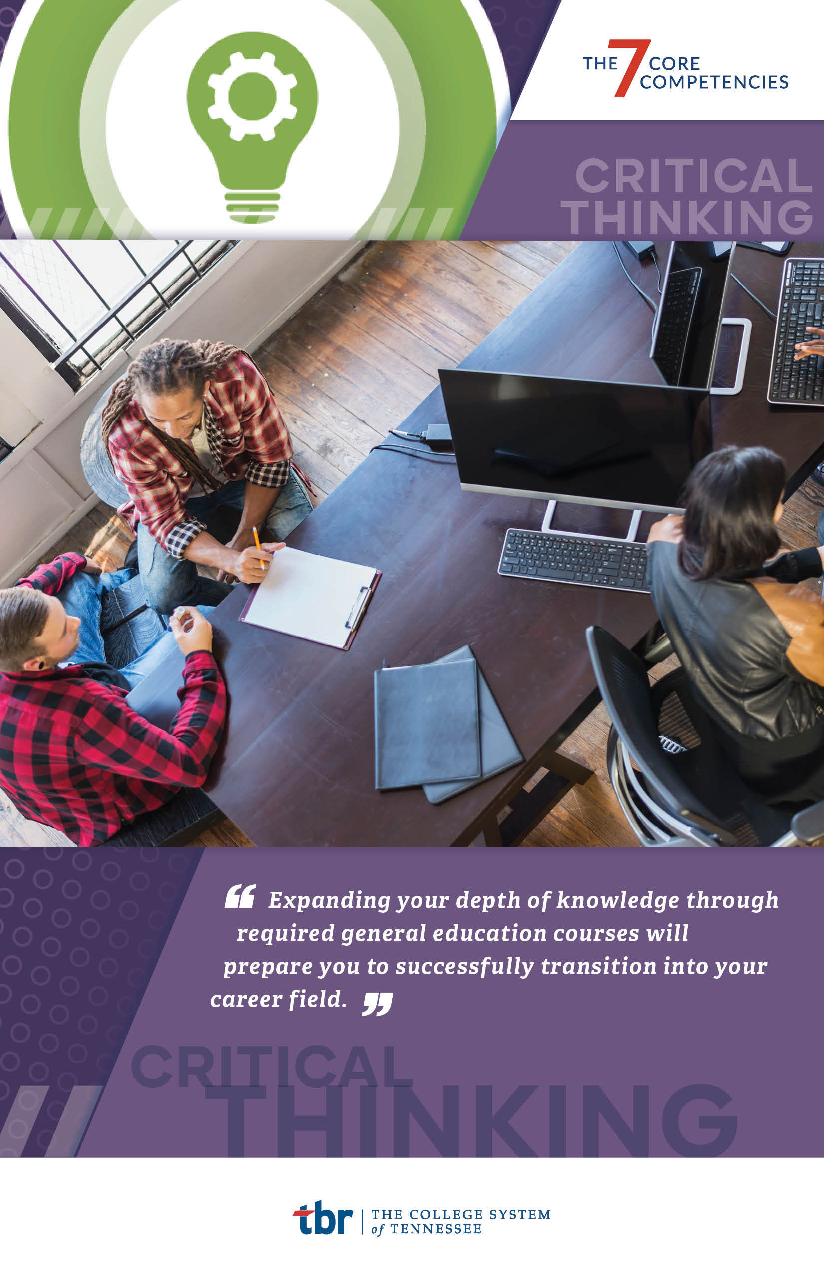 This image presents one of the TBR 7 Core Competencies - Communication - along with a student quote about courses that helped develop critical thinking skills: "Expanding your depth of knowledge through required general education courses will prepare you to successfully transition into your career field."