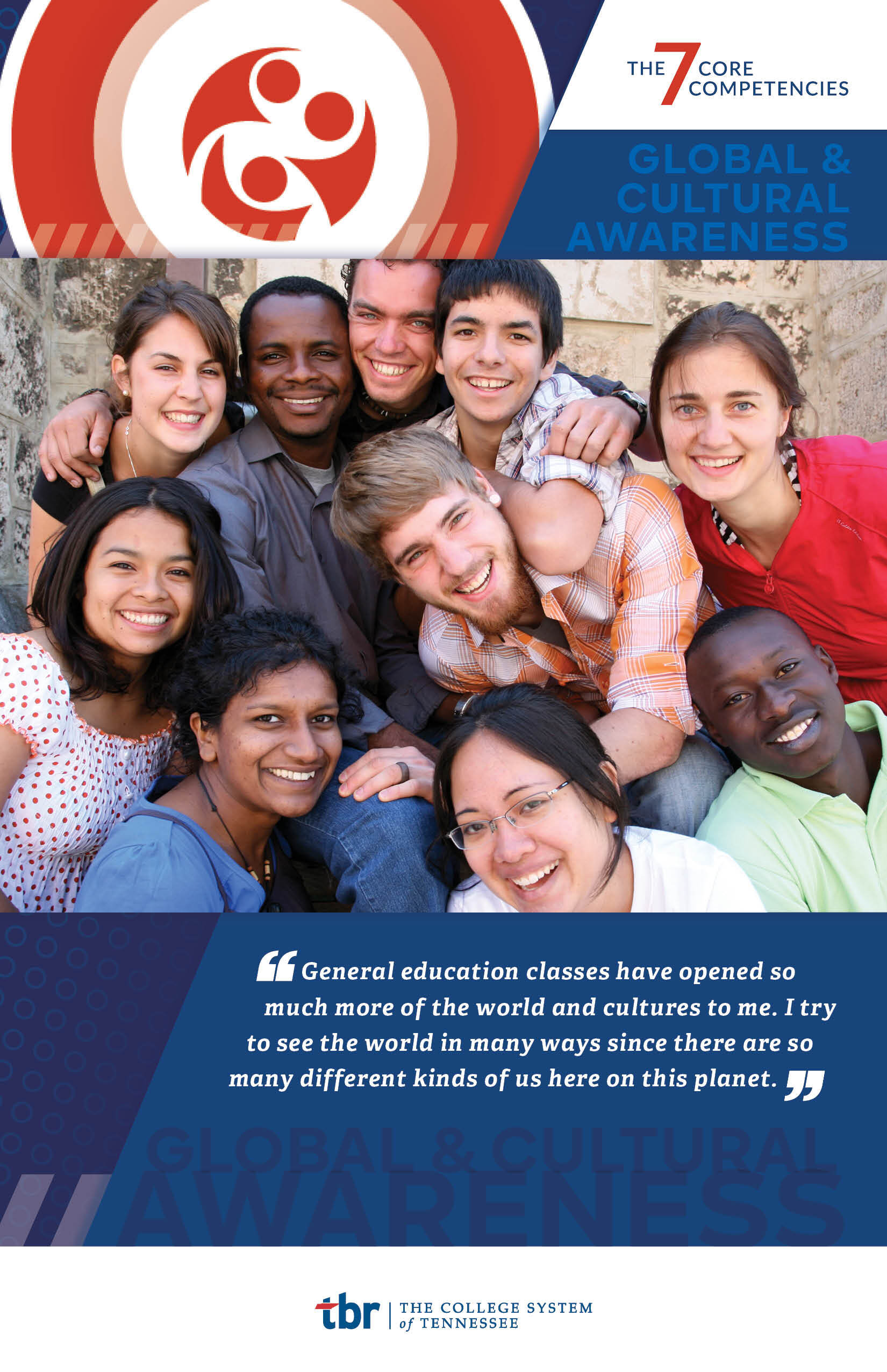 This image presents one of the TBR 7 Core Competencies - Communication - along with a student quote about courses that helped develop global and cultural awareness skills: "General education courses have opened so much more of the world and cultures to me. I try to see the world in many ways since there are so many different kinds of us here on this planet."
