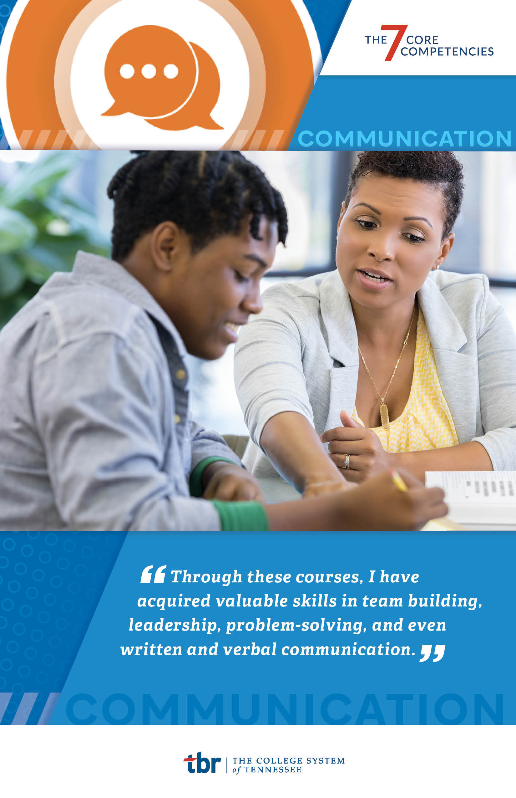 This image presents one of the TBR 7 Core Competencies - Communication - along with a student quote about courses that helped develop communication skills: "Through these courses, I have acquired valuable skills in team building, leadership, problem-solving, and even written and verbal communication."