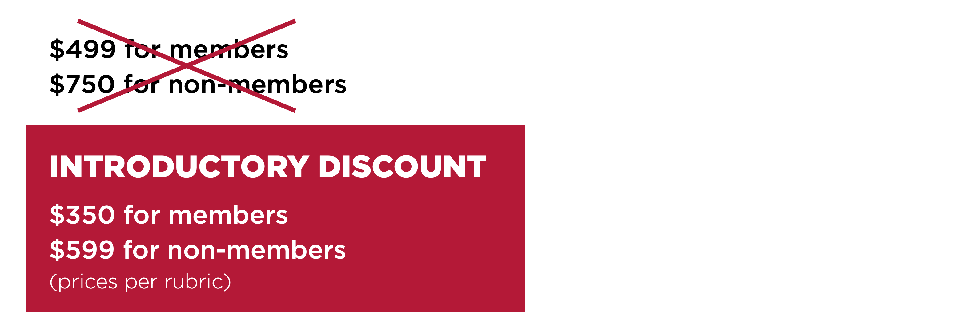 Original pricing crossed out: $499 for members, $750 for non-members. Introductory discount: $350 for members, $599 for non-members.